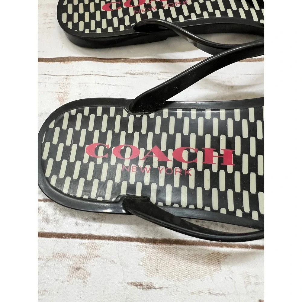 Coach Landon Flip Flop Sandals Black White Dash Gold Bow -Size 8B